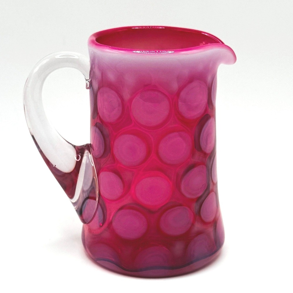 Vtg. Cranberry Art Glass Coin Dot Opalescent Creamer Pitcher Clear Handle Read